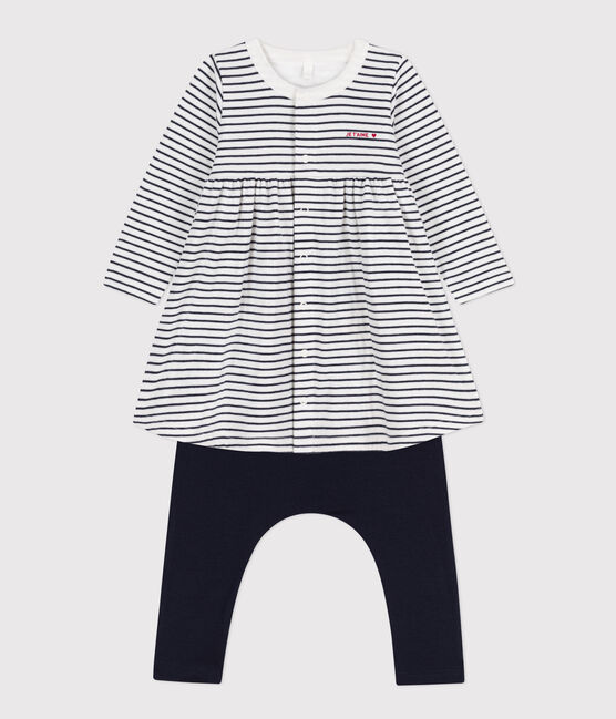 Robe marinière et legging en coton bébé blanc MARSHMALLOW/bleu SMOKING