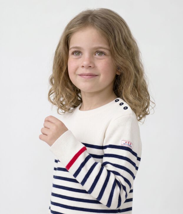Pull enfant en laine et coton &agrave; rayures bleu/bleu