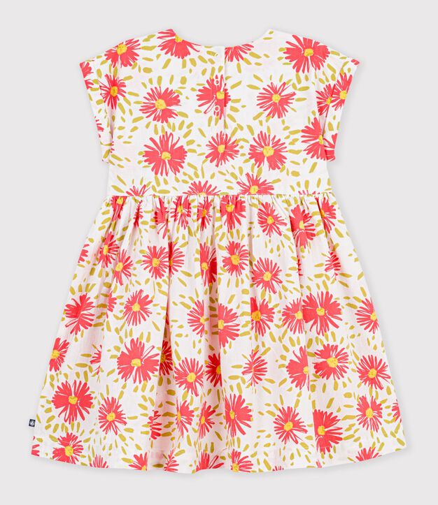 Robe enfant manches courtes en coton &agrave; fleurs blanc/multicouleur
