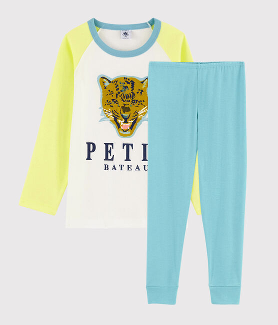 Pyjama motif léopard petit garçon en coton jaune SUNNY/blanc MULTICO