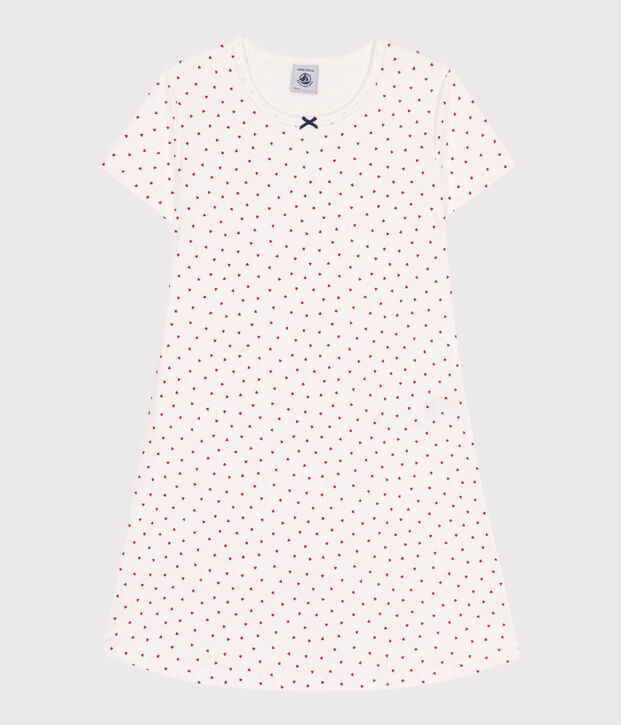 Chemise de nuit enfant en coton manches courtes &agrave; c&oelig;urs blanc/rouge