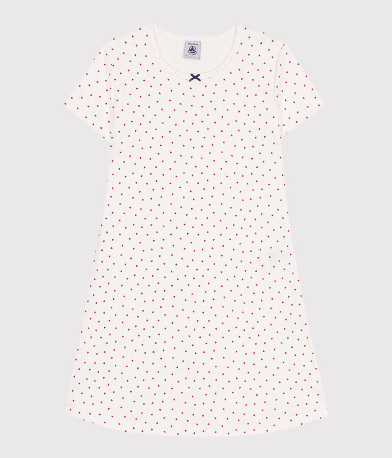 Chemise de nuit enfant en coton manches courtes &agrave; c&oelig;urs blanc MARSHMALLOW/rouge TERKUIT