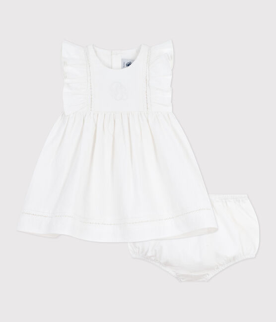 Robe bébé en coton sans manche unie et brodée avec son bloomer blanc ECUME