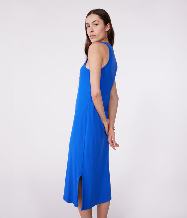 Robe d&eacute;bardeur longue femme en coton bleu vif