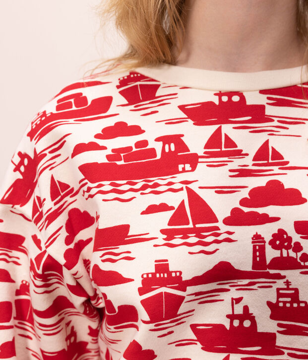 Sweatshirt en coton Femme &eacute;cru/rouge