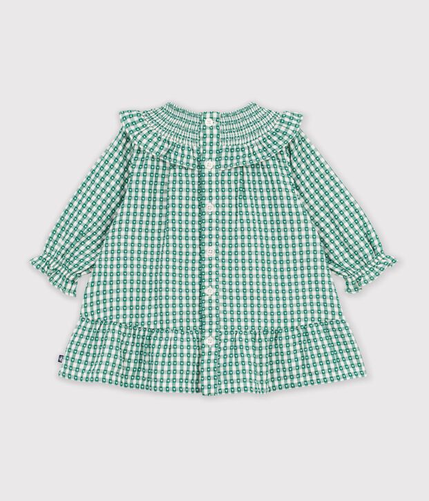 Robe b&eacute;b&eacute; en coton manches longues vichy vert/blanc