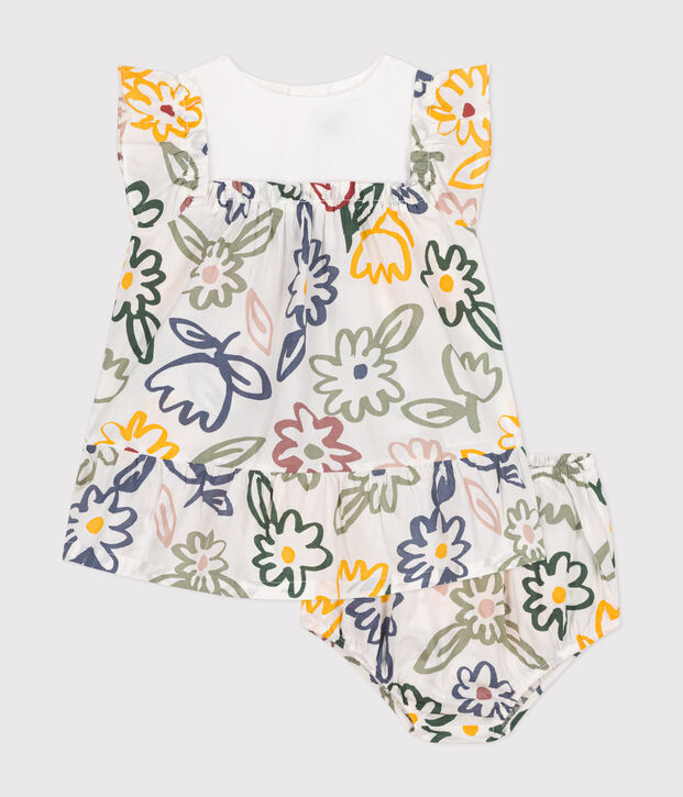 Robe manches courtes avec bloomer en popeline b&eacute;b&eacute; blanc/multicouleur
