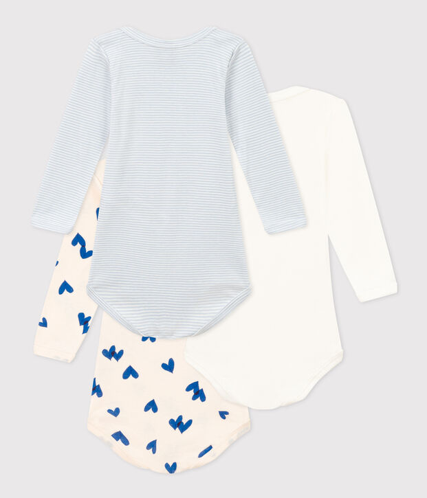 Lot de 3 bodies manches longues c&oelig;urs bleus b&eacute;b&eacute; en coton multicouleur
