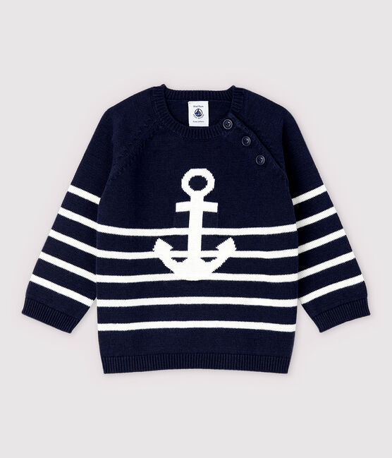 Pull en tricot coton/lin bébé garçon bleu SMOKING/blanc MARSHMALLOW