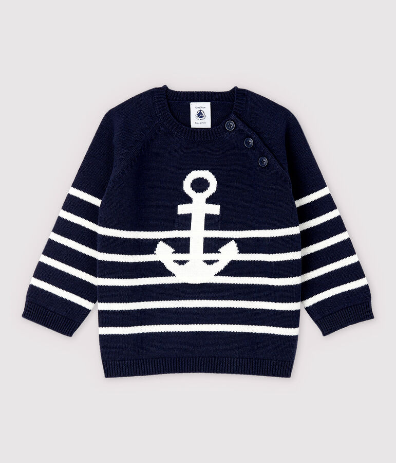Pull en tricot coton/lin b&eacute;b&eacute; gar&ccedil;on bleu/blanc