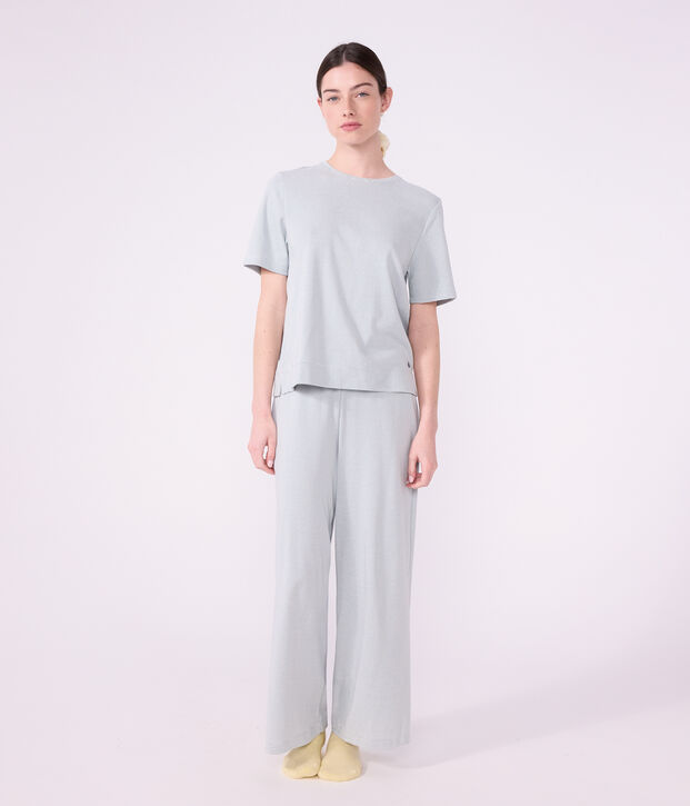 Pyjama femme en coton jambes larges &agrave; rayures gris/blanc