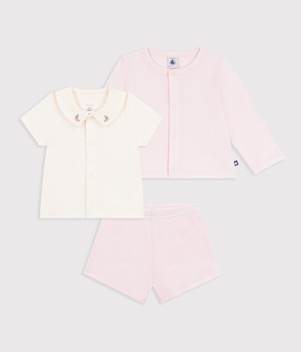 Ensemble 3 pi&egrave;ces b&eacute;b&eacute; en coton avec broderies au col rose clair
