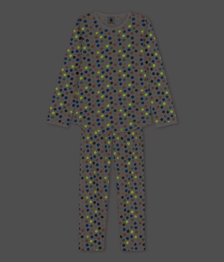 Pyjama fleurs phosphorescentes petite fille en coton blanc MARSHMALLOW/blanc MULTICO