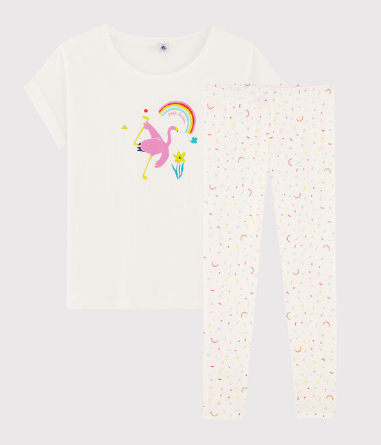 Pyjama fille / femme flamand rose en côte blanc MARSHMALLOW/blanc MULTICO