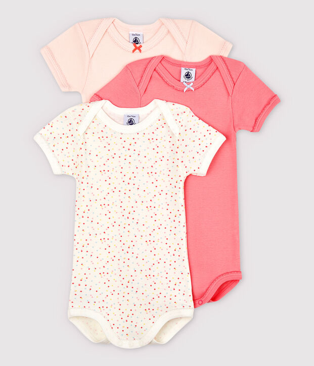 Lot de 3 bodies manches courtes rose b&eacute;b&eacute; fille en coton biologique multicouleur