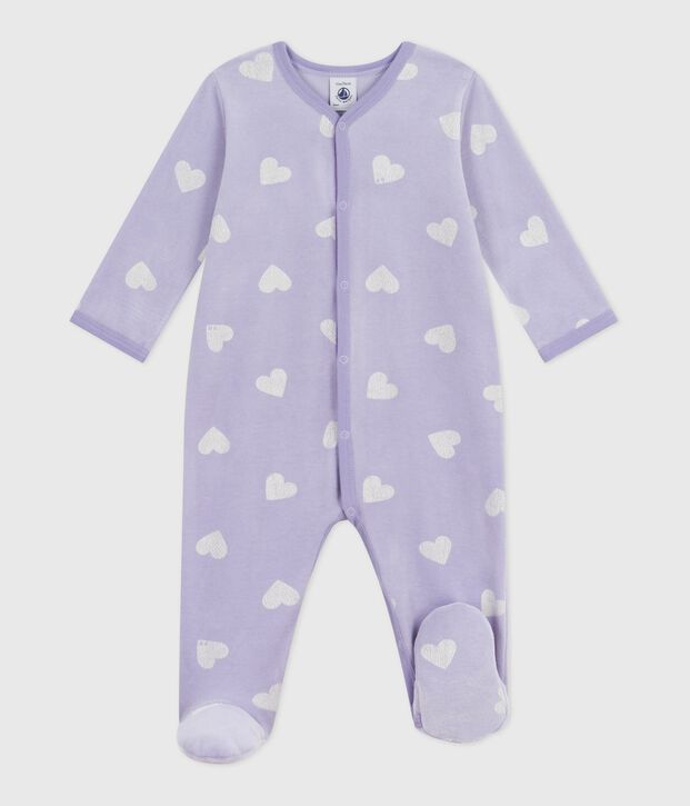 Pyjama b&eacute;b&eacute; en velours imprim&eacute; c&oelig;urs violet/blanc