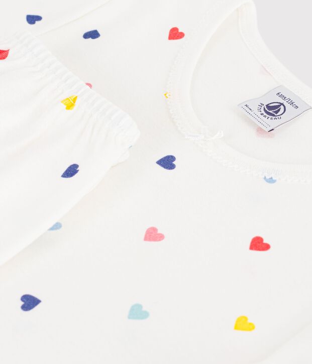 Pyjama enfant en coton manches courtes jambes longues &agrave; c&oelig;urs blanc/multicouleur