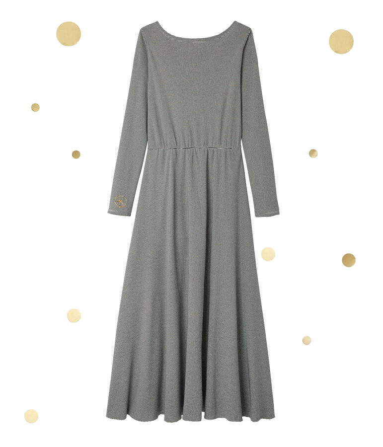 Robe longue femme &agrave; manches longues. Petit bateau x Marie-Agn&egrave;s Gillot bleu SMOKING/beige COQUILLE