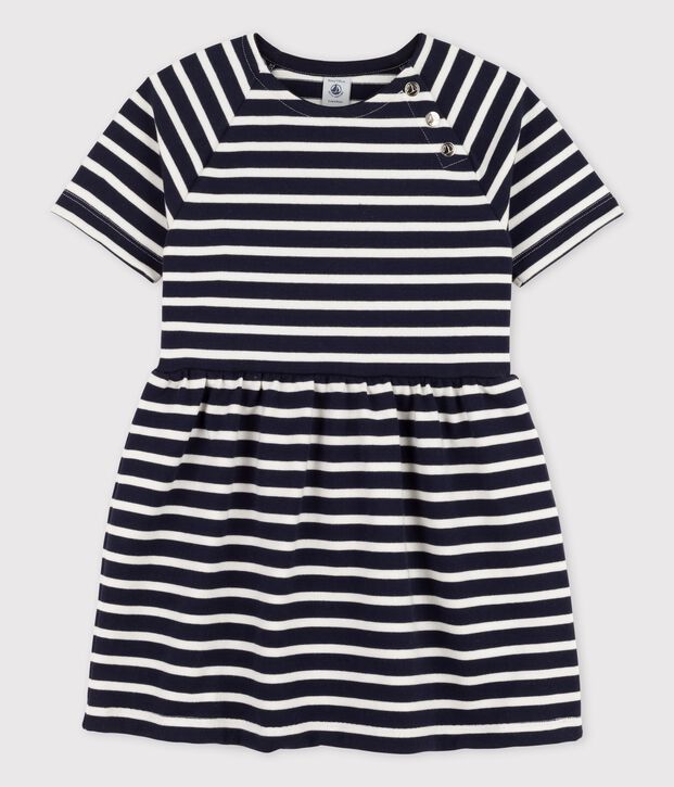 Robe manches courtes en coton enfant fille bleu/blanc