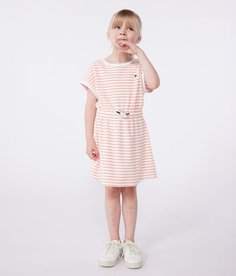 Robe enfant en coton &eacute;ponge manches courtes &agrave; rayures orange MARSHMALLOW/ ABRICOT