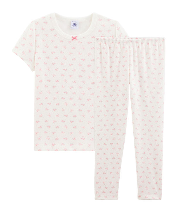 Pyjama fleurs petite fille en c&ocirc;te blanc/rose