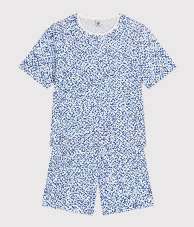 Pyjama short et tee-shirt en coton motif floral femme blanc/bleu