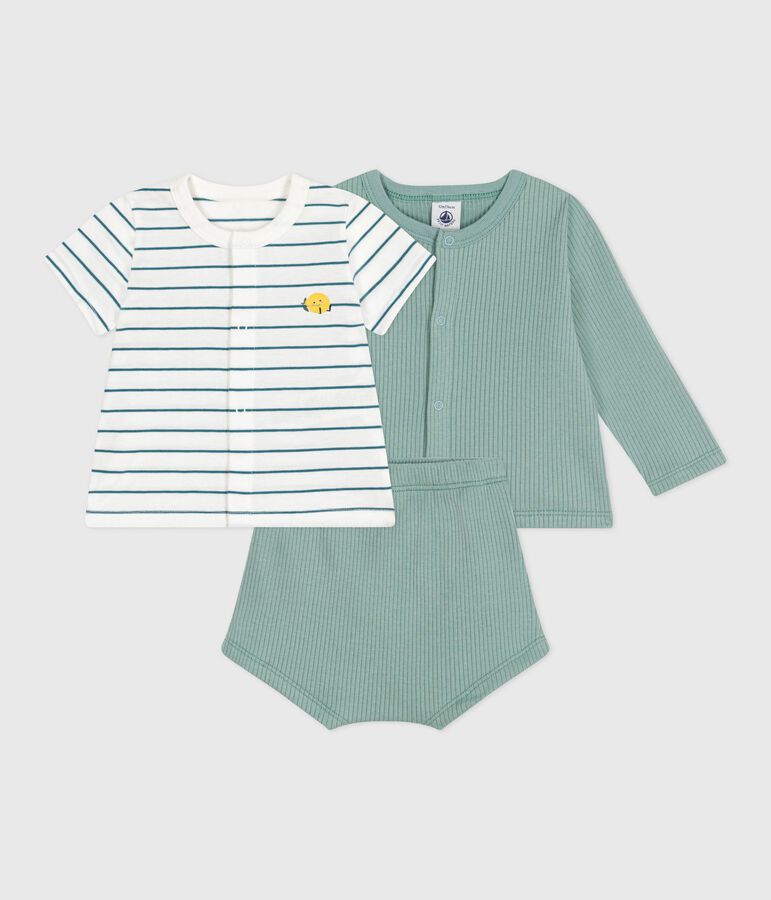 Ensemble naissance trois pi&egrave;ces en coton et t-shirt ray&eacute; citron PAUL/ MULTICO
