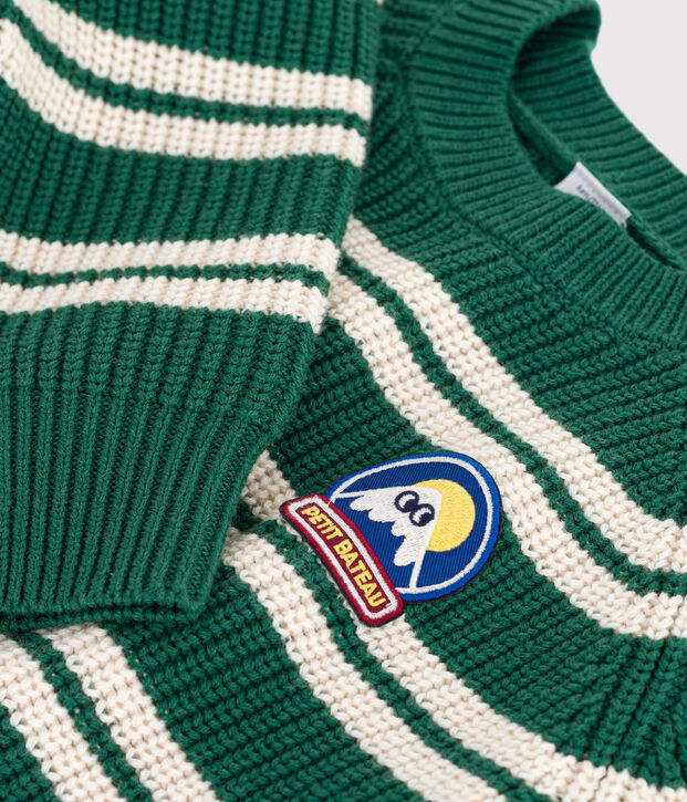 Pull enfant en laine et coton &agrave; rayures vert/&eacute;cru
