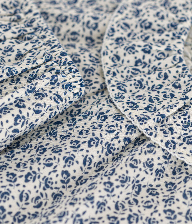 Robe manches courtes et bloomer en gaze de coton b&eacute;b&eacute; &eacute;cru/bleu