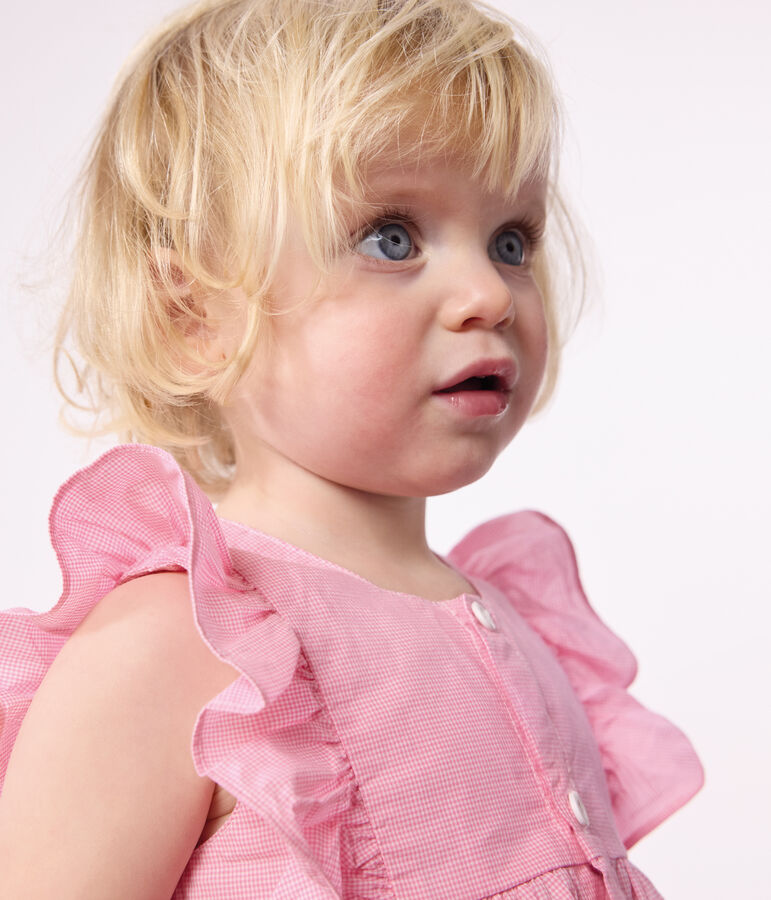 Robe b&eacute;b&eacute; en coton l&eacute;ger sans manches et bloomer, imprim&eacute;s vichy blanc ECUME/ PETAL