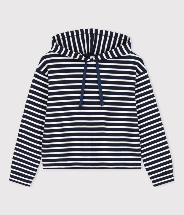 Sweatshirt &agrave; capuche en coton Femme bleu/blanc