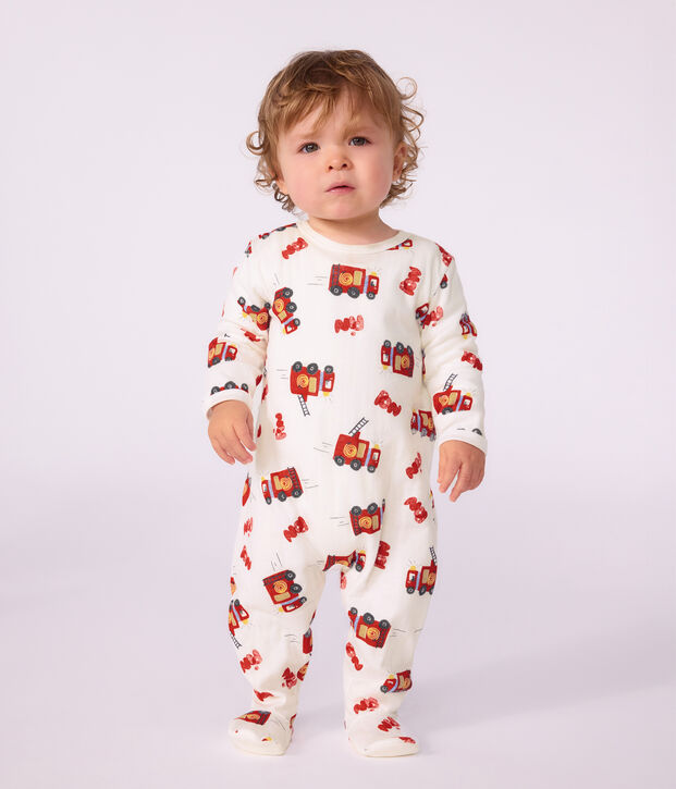 Pyjama b&eacute;b&eacute; en tubique ouverture dos imprim&eacute; pompier blanc/multicouleur