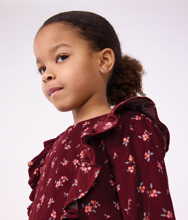 Robe enfant en velours manches longues &agrave; fleurs rouge/multicouleur