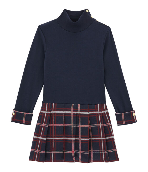 Robe col roul&eacute; bi-mati&egrave;re enfant fille bleu/multicouleur