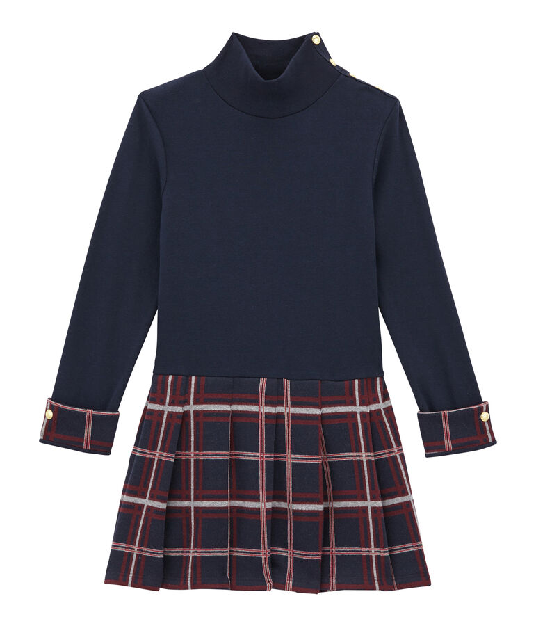 Robe col roul&eacute; bi-mati&egrave;re enfant fille bleu/multicouleur