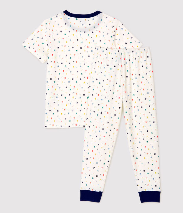 Pyjama &agrave; manches courtes imprim&eacute; lettres multicolores petit gar&ccedil;on en coton biologique blanc/multicouleur