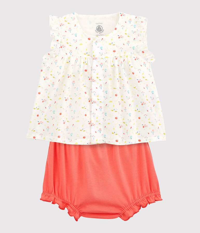 Ensemble 2 pi&egrave;ces fleuri b&eacute;b&eacute; fille en cha&icirc;ne et trame et  coton biologique blanc MARSHMALLOW/blanc MULTICO