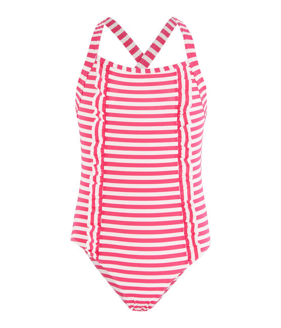 Maillot de bain une pièce à rayures détails de volants. rose GEISHA/blanc MARSHMALLOW