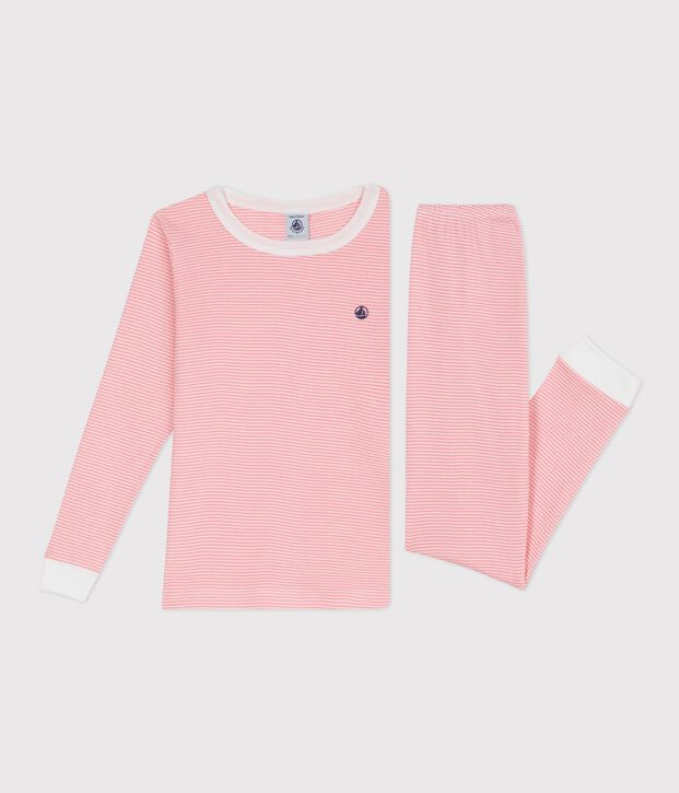 Pyjama tr&egrave;s ajust&eacute; enfant en coton &agrave; rayures rose/blanc