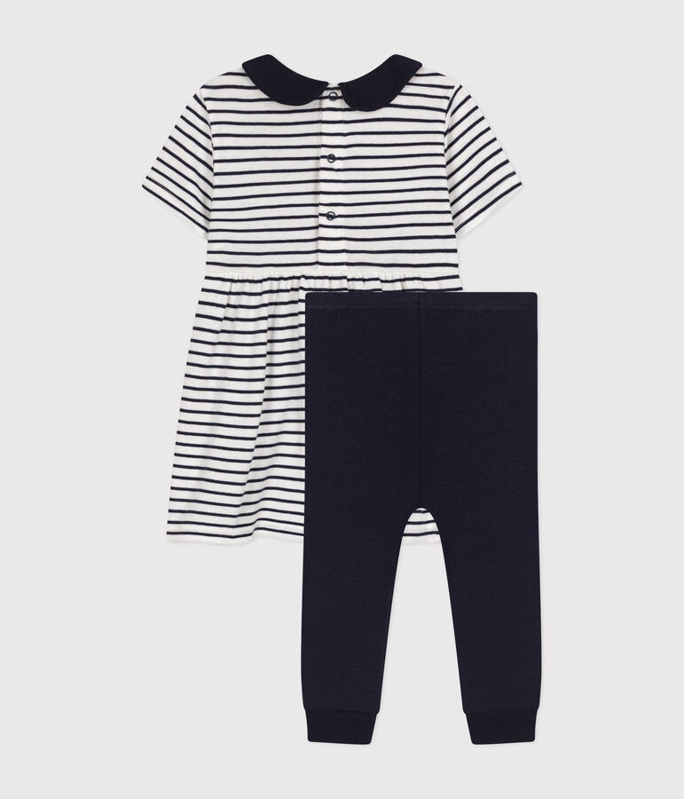 Ensemble robe et legging en coton b&eacute;b&eacute; blanc/bleu