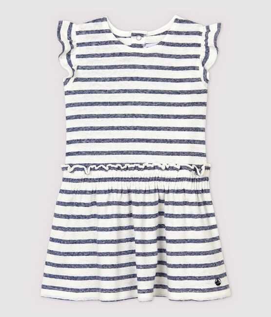 Robe manches courtes en coton/lin rayé bébé fille blanc MARSHMALLOW/bleu MEDIEVAL