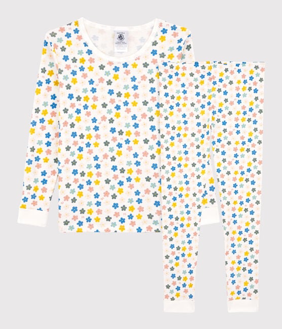 Pyjama snugfit fleurs rétro phosphorescent petite fille en coton blanc MARSHMALLOW/blanc MULTICO