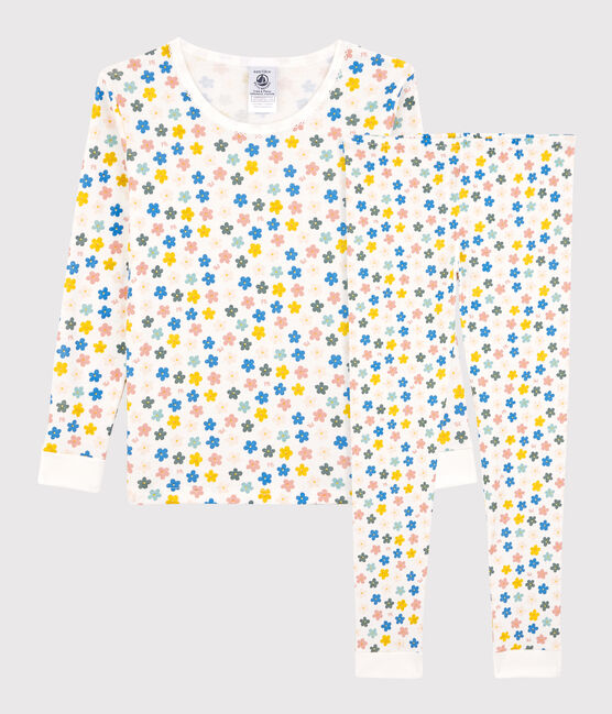 Pyjama snugfit fleurs rétro phosphorescent petite fille en coton blanc MARSHMALLOW/blanc MULTICO