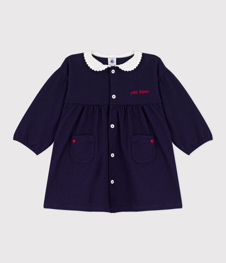 Robe b&eacute;b&eacute; en coton manhces longues unie &agrave; col et d&eacute;tails brod&eacute;s bleu SOIR