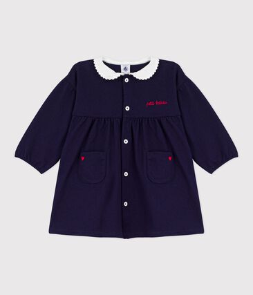Robe bébé en coton manhces longues unie à col et détails brodés