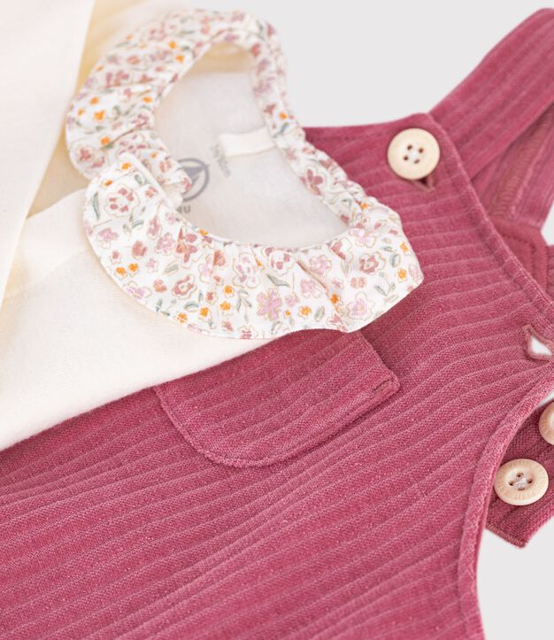 Ensemble salopette et body b&eacute;b&eacute; en coton avec col uni rose/&eacute;cru