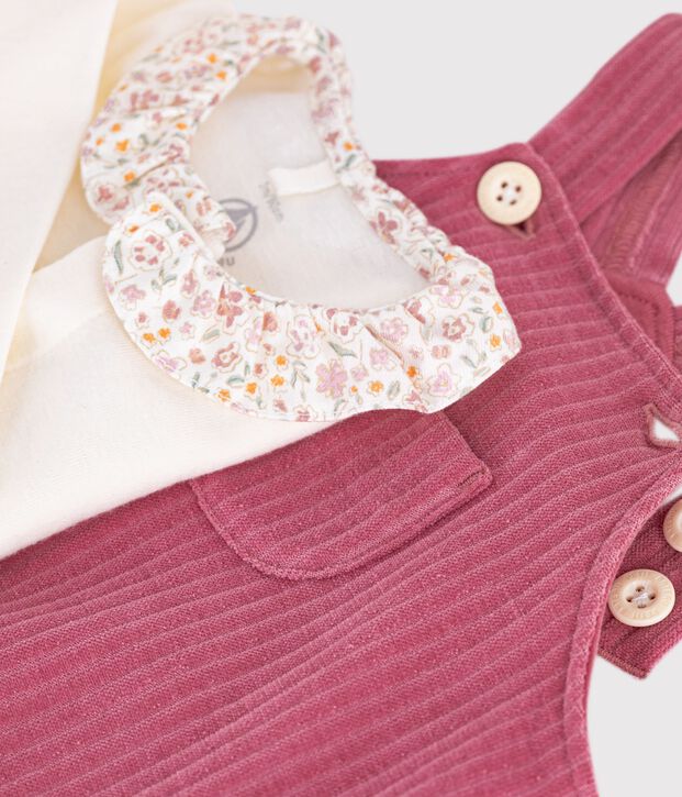 Ensemble salopette et body b&eacute;b&eacute; en coton avec col uni rose/&eacute;cru