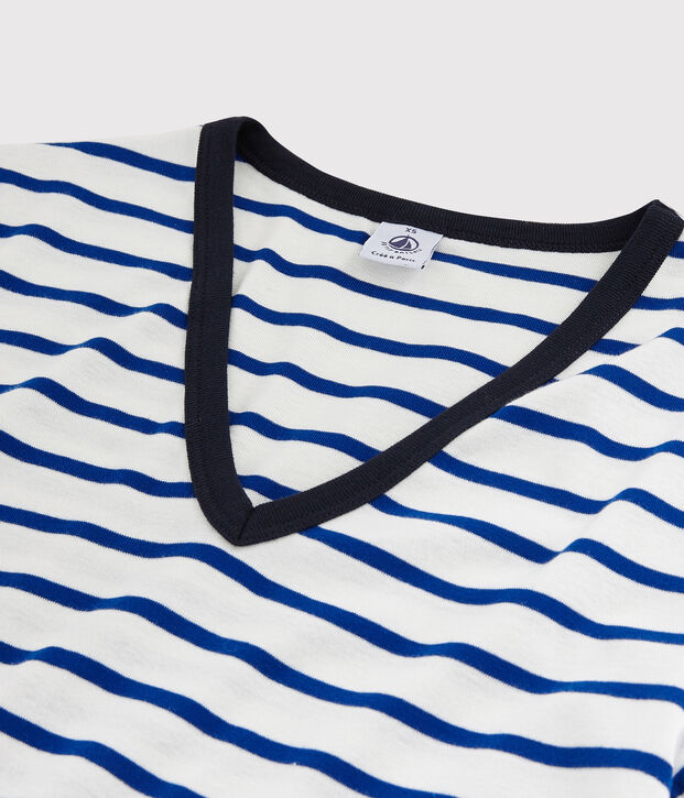 T-shirt col V iconique en coton Femme blanc/bleu