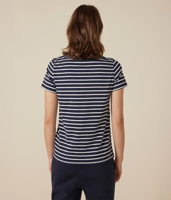 Tee-shirt LE DROIT col rond en coton Femme bleu SMOKING/blanc MARSHMALLOW