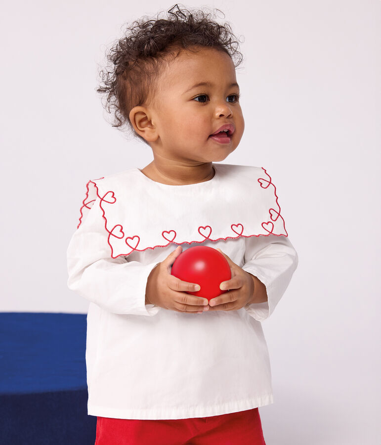 Blouse b&eacute;b&eacute; en popeline de coton manches longues, brod&eacute;e c&oelig;urs blanc ECUME